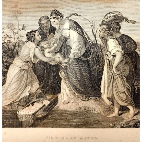 1873 Finding Baby Moses Steel Engraving Victorian Bible History Antique F12A
